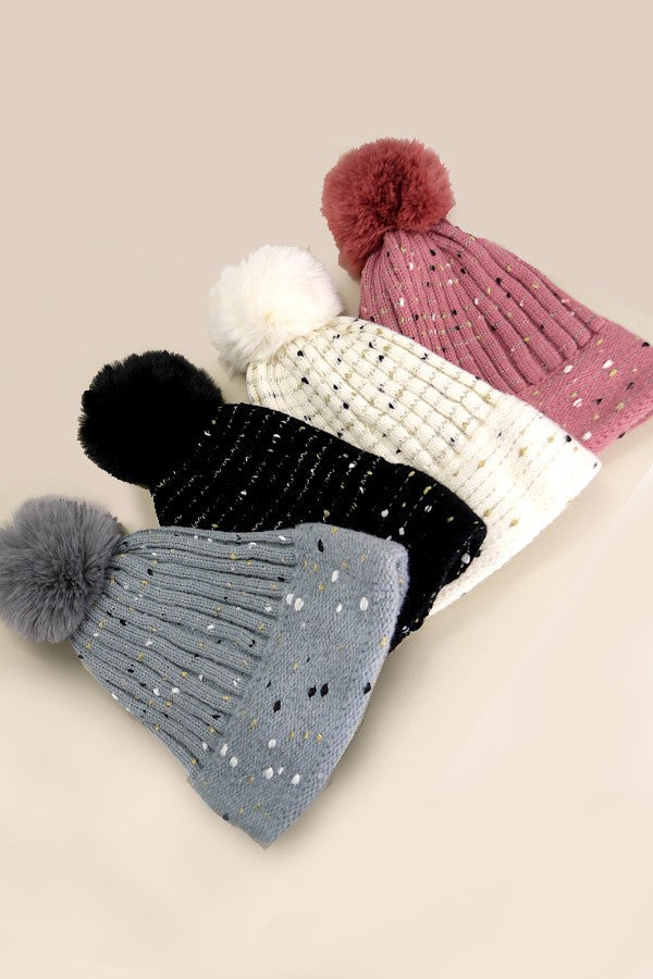 SEQUIN FAUX FUR POM POM BEANIE HAT